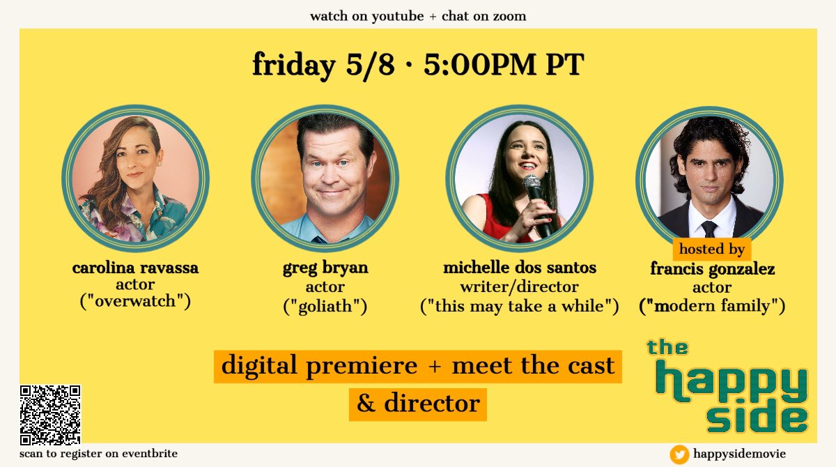 HappySideMovie's tweet photo. Catch up with us on #Zoom this Friday 5/8 after the premiere!
https://t.co/RorRxzJElc

#happyside #watchparty #qanda #meetthecast #womeninfilm #latinx #TVShows #comedy #sitcom #StayAtHome #livestream #May8th @carolinaravassa @bydossantos @MisterFrancisG https://t.co/ziO5YBCHKn