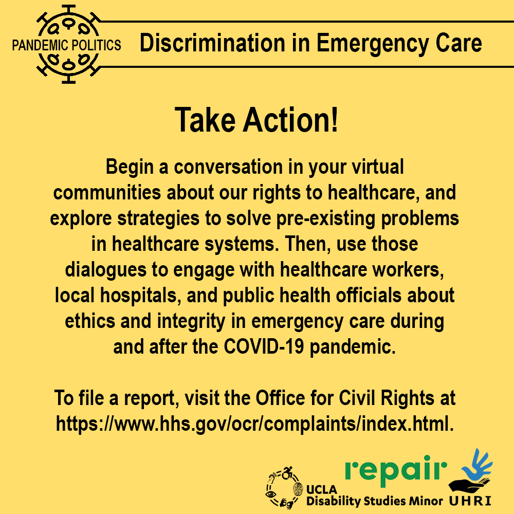 DisStdUCLA's tweet image. In the face of the COVID-19 pandemic, triage discrimination has harmed elders and people with disabilities, particularly those who are also vulnerable to racial and economic discrimination. Learn more below. #triage #PandemicPolitics #DisabilityJustice #HumanRights #COVID19