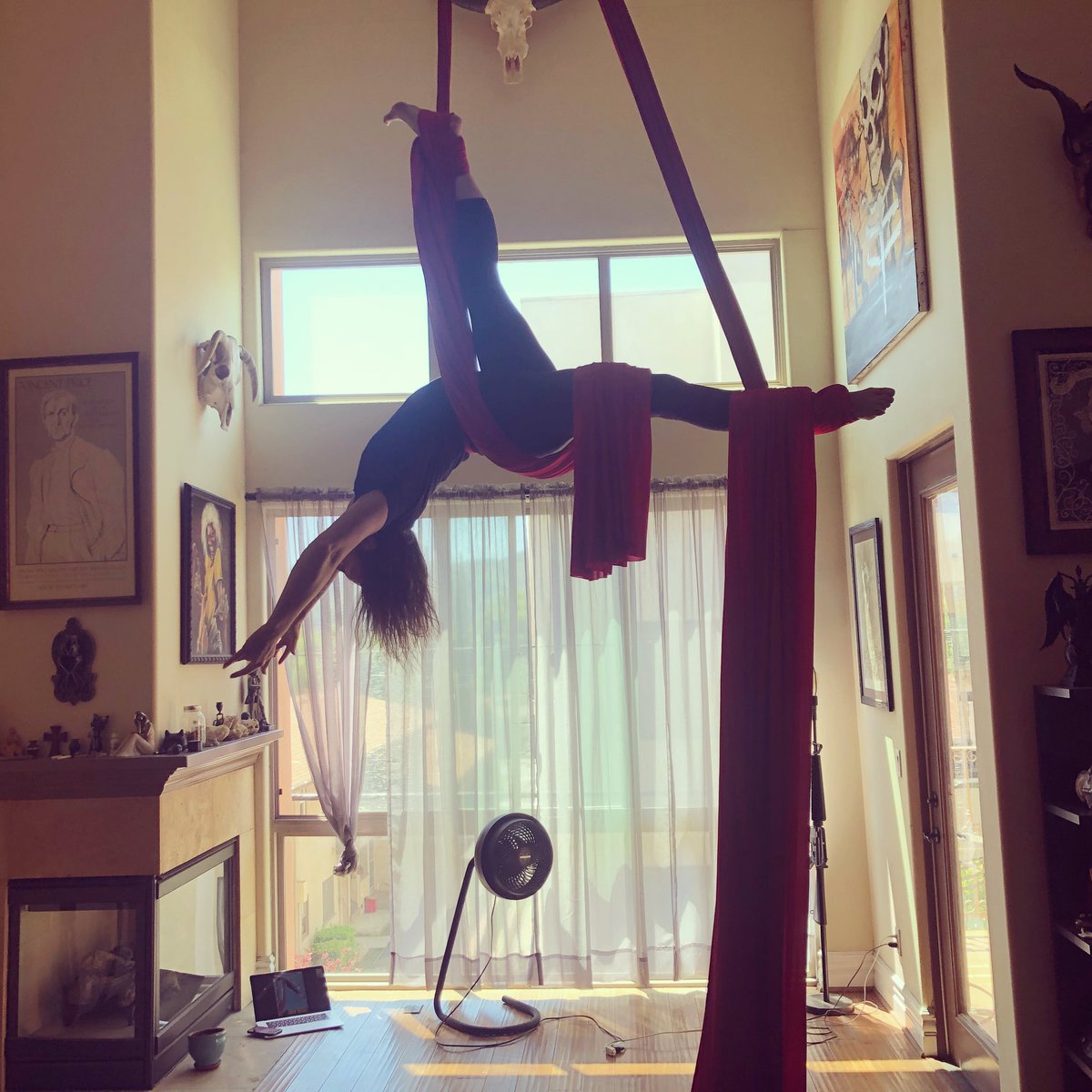 I think it's awesome that my wife and her aerial friends practice routines together via their computers!!  #CultureinQuarantine #QuarantineLife #aerial #aerialarts