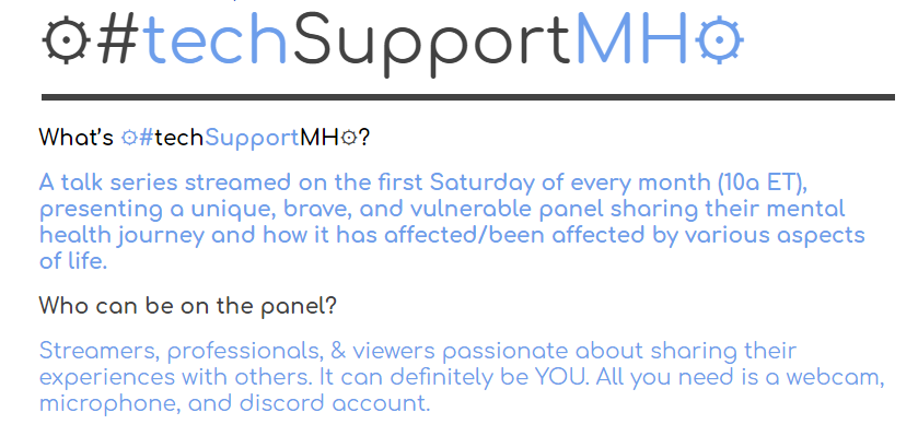 techn9ques's tweet photo. It's Mental Health Month and every story helps spread awareness!
Since #techSupportMH still has at least one spot open for each month, I'm putting out another invite here.
Get involved, RT, or tag someone who'd be interested!
Check the dates & topics: https://t.co/nAJf9IpswE https://t.co/sHxeBlzgTP