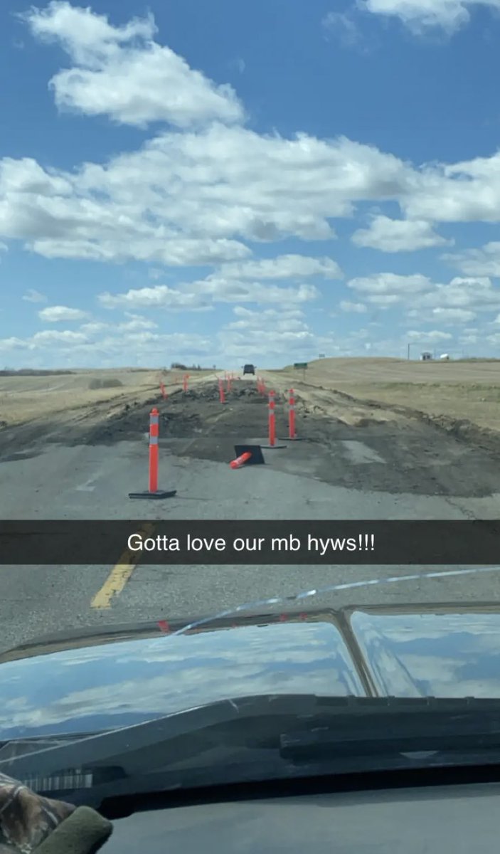 “Oh yeah boys just throw some cones up ittl be fine for the weekend” <a href="/MBGovRoads/">Manitoba Roads</a> <a href="/BrianPallister/">Brian Pallister</a> how is this acceptable? Does someone need to get seriously hurt before this gets dealt with or? This is just one of many bad spots on MB HWY 23 just south east of Belmont.