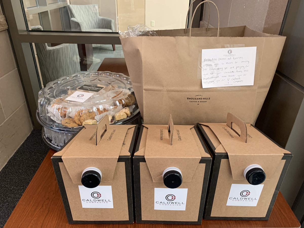 CaldwellCos's tweet photo. We delivered some @lthcypress coffee and pastries to nurses and doctors at @houstonmethodist on the front lines helping fight COVID-19! You may recognize the nurse on the left, our associate Ron Roberson’s daughter Abby! Thank you for all you do for our community. ❤️ #CCCares https://t.co/7AjtAyuJ0w
