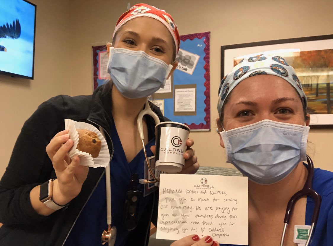 CaldwellCos's tweet photo. We delivered some @lthcypress coffee and pastries to nurses and doctors at @houstonmethodist on the front lines helping fight COVID-19! You may recognize the nurse on the left, our associate Ron Roberson’s daughter Abby! Thank you for all you do for our community. ❤️ #CCCares https://t.co/7AjtAyuJ0w
