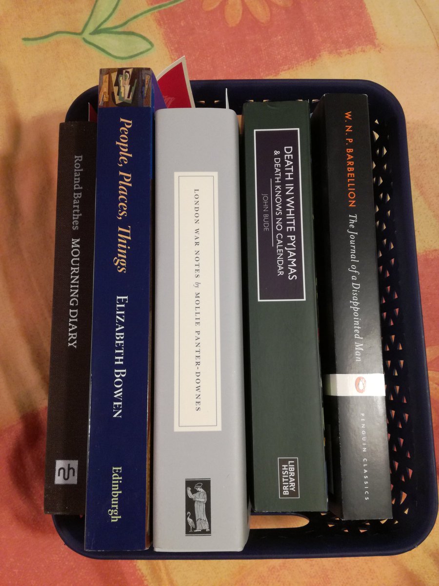 So.... the contents of the #bookbasket have expanded a little as I continue to polyread and avoid taking the plunge! #Elizabethbowen #molliepanterdownes #rolandbarthes #barbellion #britishlibrarycrimeclassic