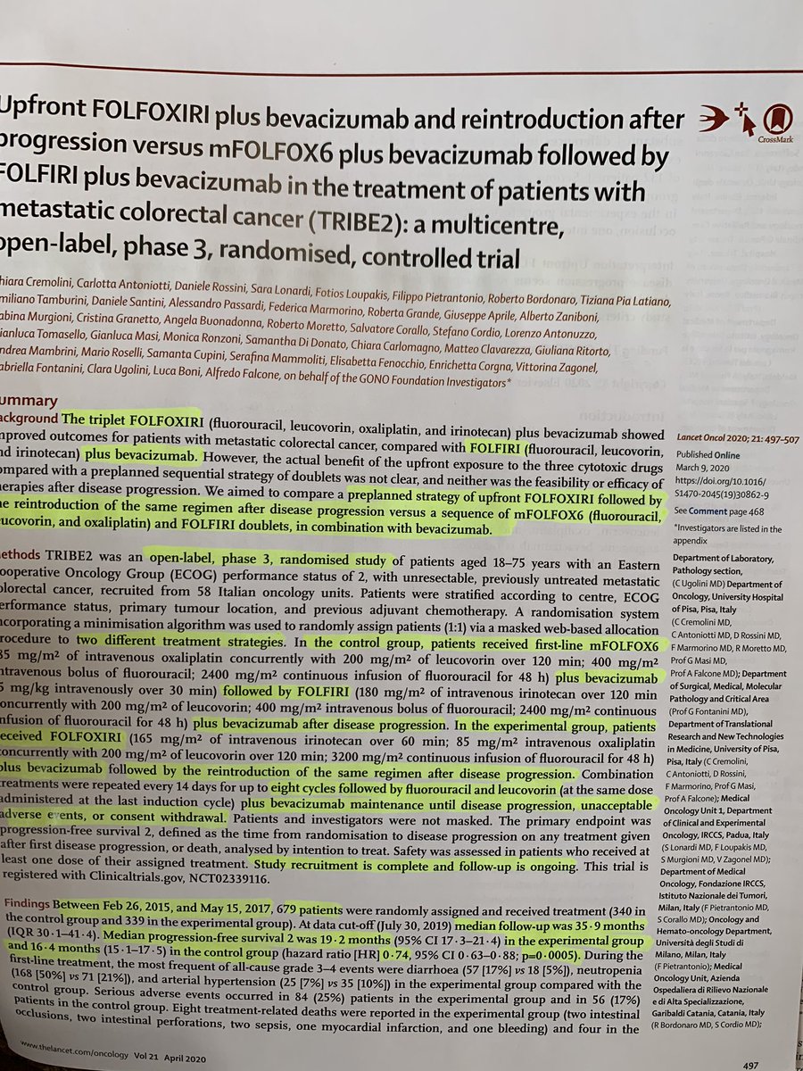 chadinabhan's tweet photo. Folfoxiri in metastatic CRC in @TheLancetOncol
So, patient on the experimental arm continued the same regimen after progression & still did better? #Tribe2 study. CC @agrothey @oncology_bg @Aiims1742 https://t.co/vQA9ivPQHB