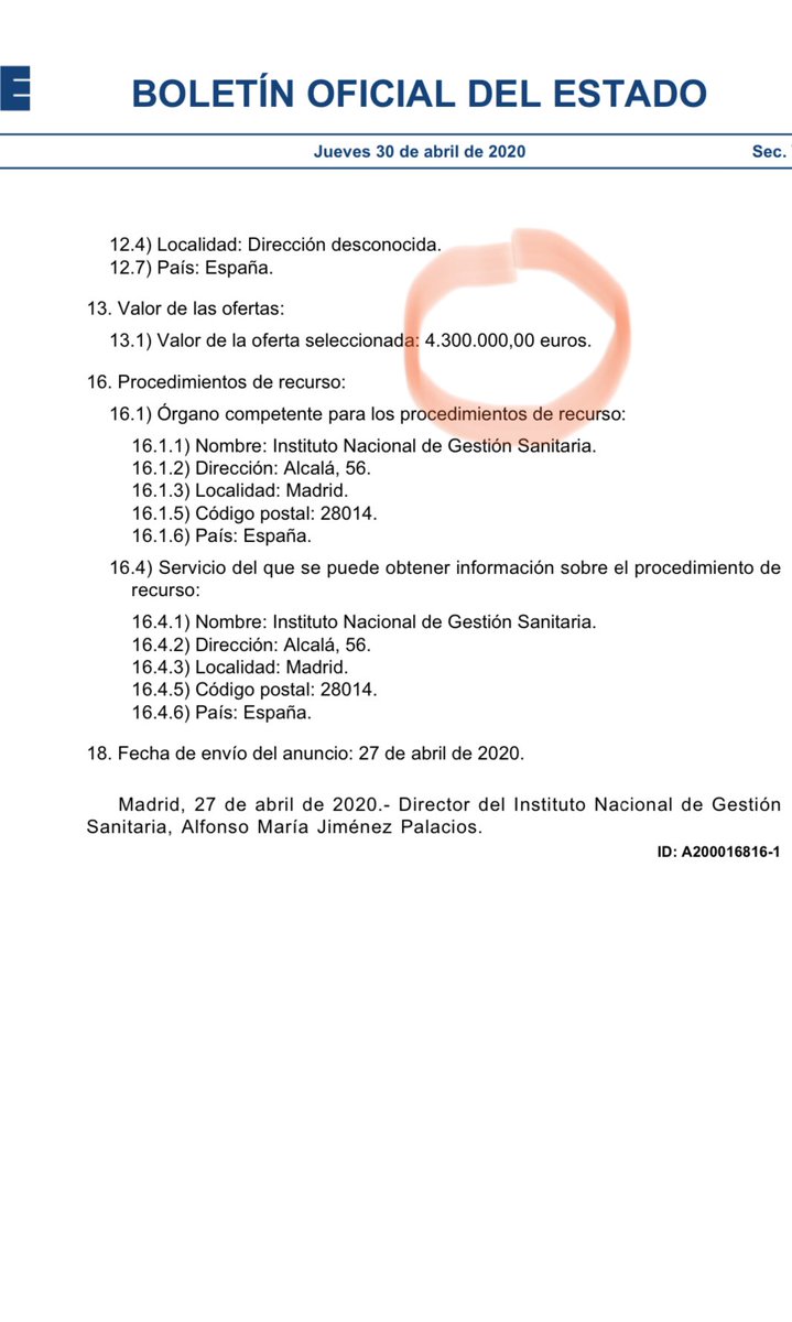 Cosas que me llegan por WhatsApp pero acabo de comprobar en el BOE. Adjudicación de contrato por Covid19 de 4,3 M a empresa. Dirección: “desconocida”. Tendrá alguna explicación, pero no es estético.