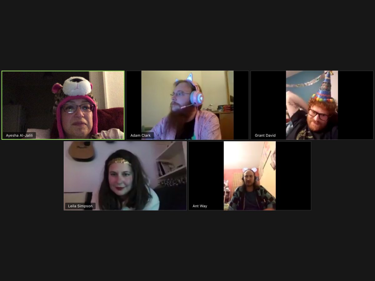 PinkRinse's tweet image. When you decide to wear your fancy hat for a friend’s birthday Zoom Meeting... (I’m top left btw lol)