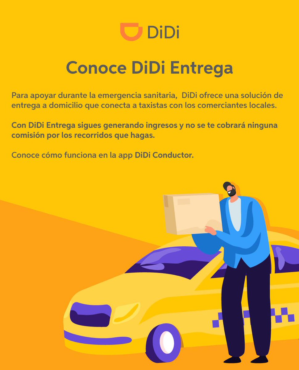 nassarmariana's tweet photo. DiDi Entrega es un servicio de reparto a domicilio de @DiDi_Mexico, que representa una alternativa económica para las y los taxistas de la Cd. de Oaxaca inscritos en la plataforma. Descarga la app en https://t.co/rYceLi16Uh. #QuédateEnCasa

@alejandromurat @GobOax https://t.co/nuXOoj1jYh