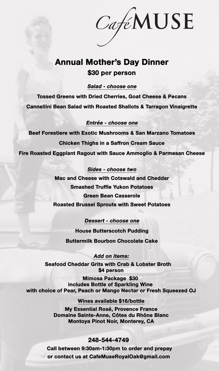 CafeMuseRO's tweet photo. Don’t miss our Annual Café Muse Mother's Day Lunch/Dinner.  This year we will be hosting a family style dinner with curbside pickup.

Contact us at 248-544-4749 daily from 9:30am-1:30pm, to preorder and prepay. https://t.co/q9YECrQSiX