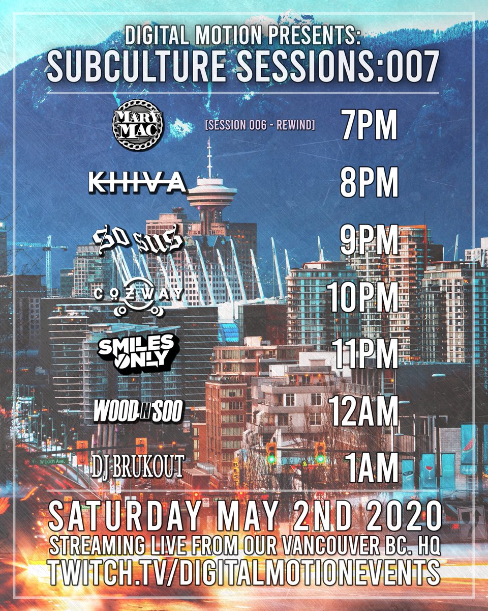 digitalmotionBC's tweet image. TONIGHT! Tune in for our Twitch livestream DJ show starting at 7pm PDT feat @realkhiva @SoSusMusic @Cozwaymusic @woodnsoo @djbrukout @deejayMaryMac twitch.tv/digitalmotione…