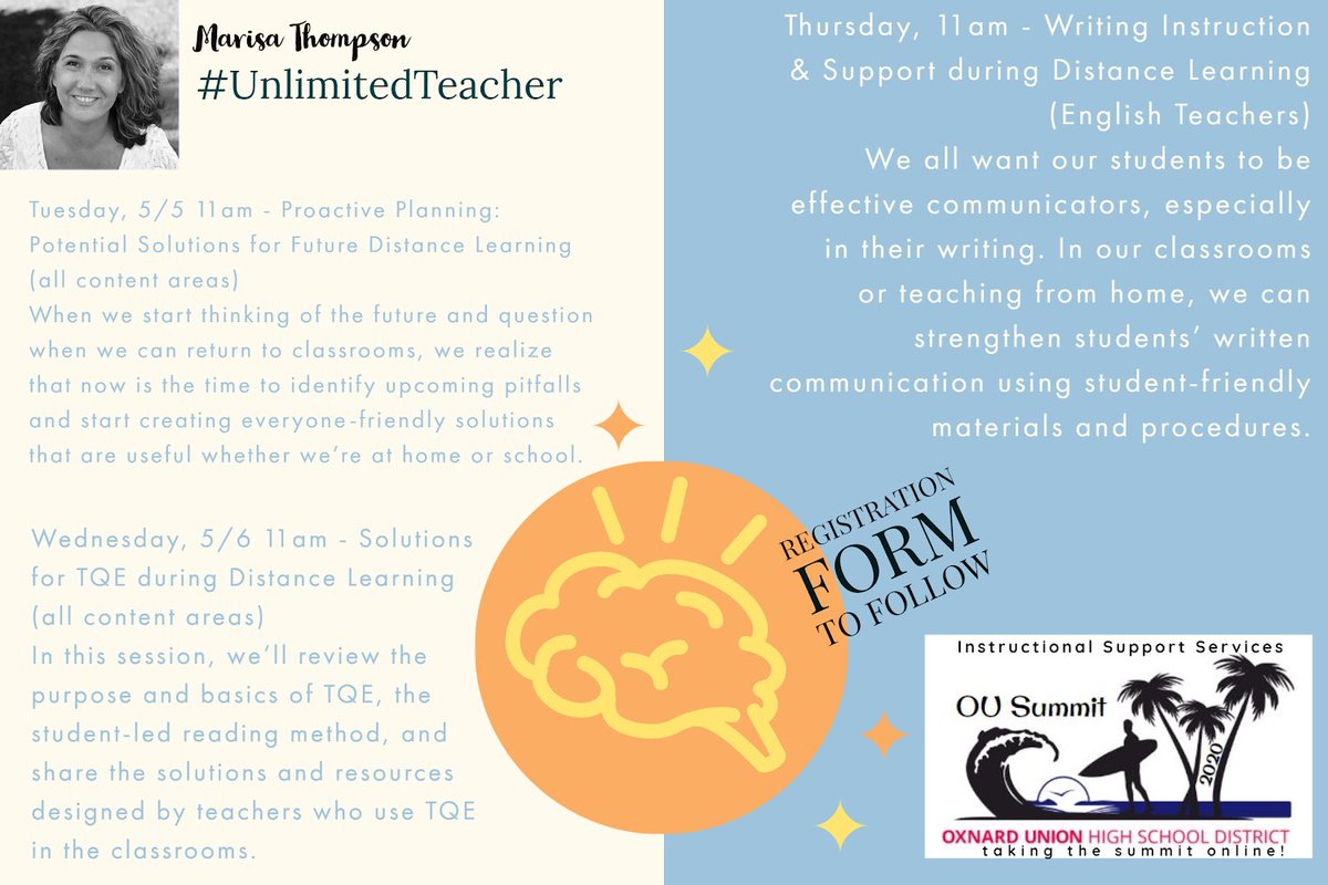 OneTeachersView's tweet photo. So excited to learn with the fabulous @MarisaEThompson during next week’s #OUSummitOnline. OUHSD colleagues, you can sign up for any (ALL) of these and so many more using the form @MrSorensen805 sent yesterday afternoon. @OxnardUnion @OUInstruction https://t.co/z01KgO6sXh