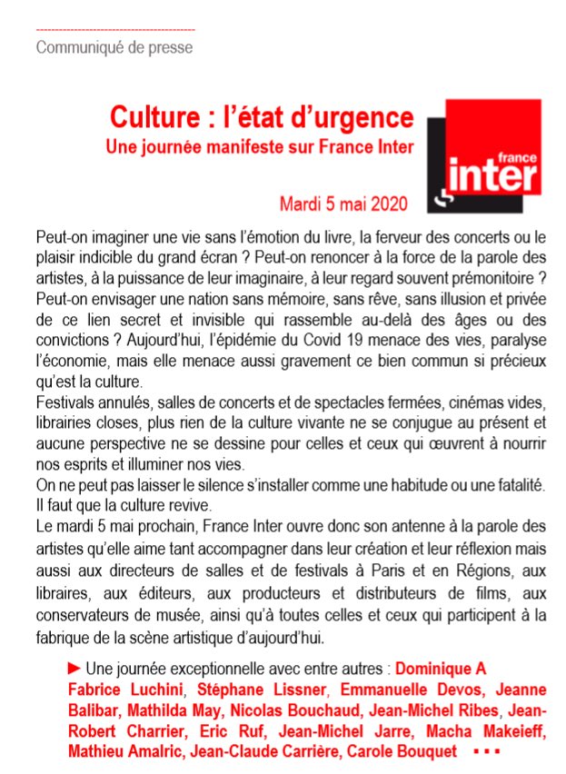 LaurenceBloch's tweet photo. Mardi prochain @franceinter ouvre son antenne aux artistes,aux directeurs de théâtre,salles de cinéma,de spectacles,aux libraires, aux éditeurs,aux producteurs, distributeurs et réalisateurs de films pour que la culture, notre bien commun le plus précieux,retrouve son souffle! https://t.co/PsZnagau67