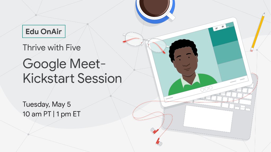 GoogleForEdu's tweet photo. In this #EduOnAir webinar, you'll learn the basics of using #GoogleMeet—such as starting a video call, inviting participants, and controlling your meeting. Register here: https://t.co/NZqfCloQGM. #DistanceLearning https://t.co/zoujjyuBkD