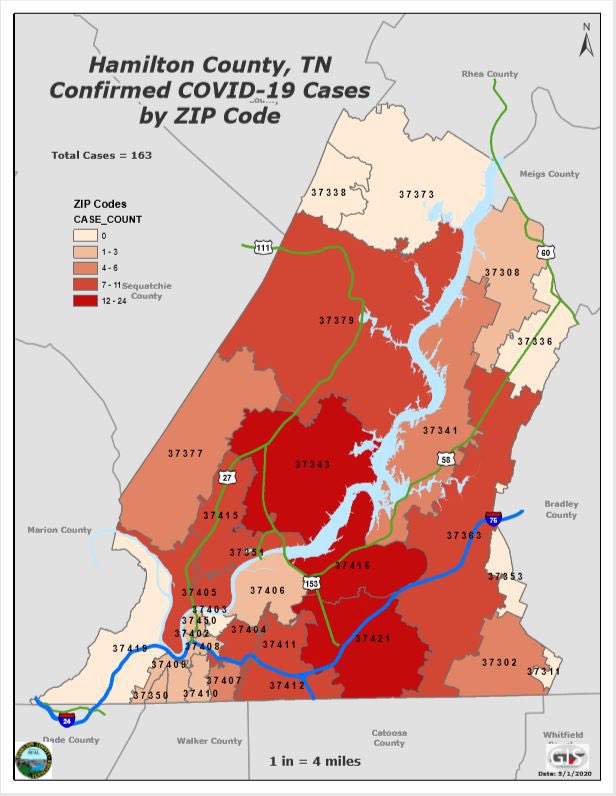 calliestarnes's tweet photo. @PoppeeSteve Hamilton County now has three zip codes on this category. Theses aren’t percentages based on pop. They are just number of cases per zip. https://t.co/NvLG0c5hYx