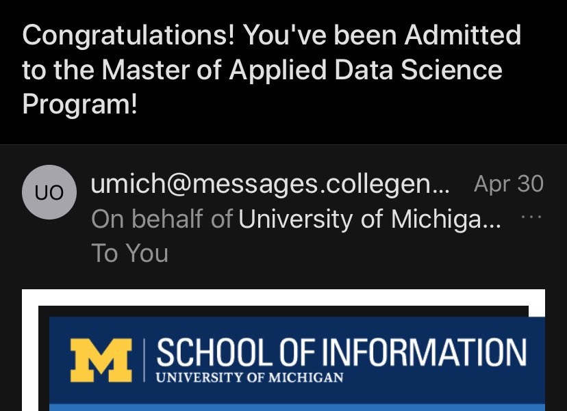 jasonkronemeyer's tweet photo. Itโs official! I got into the greatest university in the world! #UMSIMADS @UMSI #GOBLUE! https://t.co/61yOPr7LrS