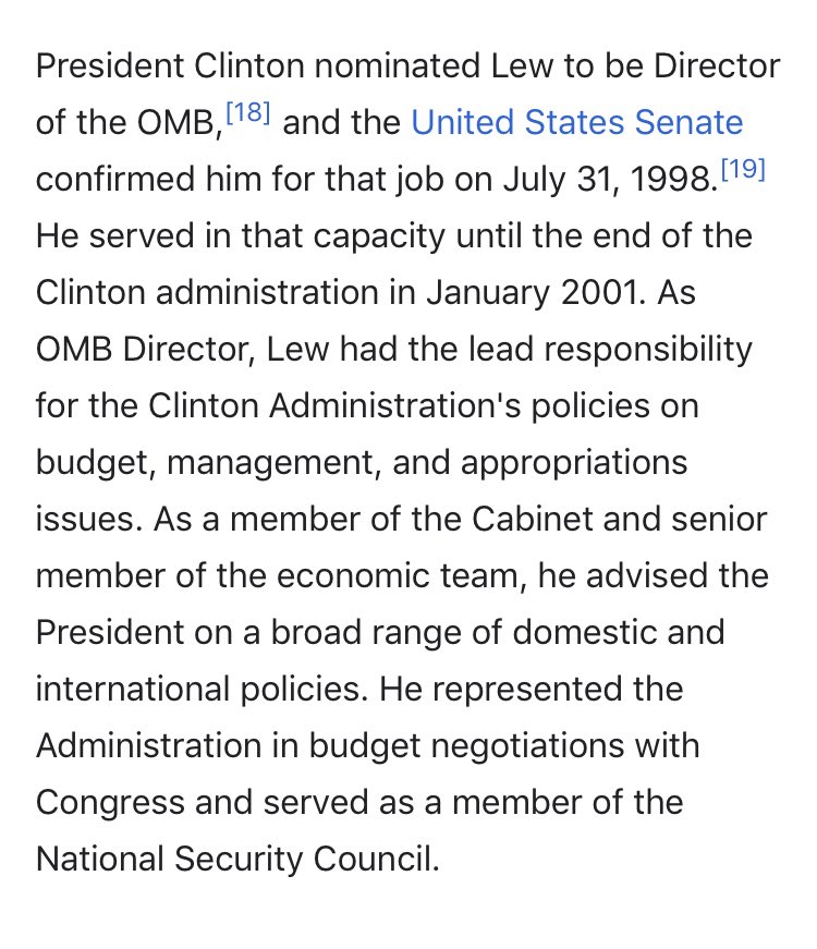10/ Clinton made him Director of the Office of Management & BudgetSo JJL was the Director of the OMB *and* the Secretary of Treasury for Clinton and Obama.Boy oh boy I bet he has some [stories] to tell.