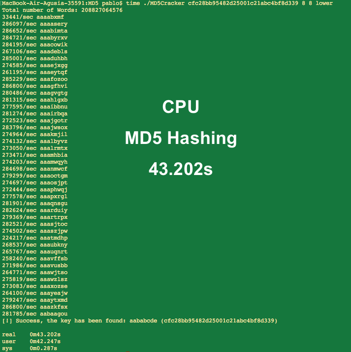 codemasterpl's tweet image. First time programming OpenCL and coded MD5 bruteforcer.

My GPU MD5 Hashing Intel(R) Iris(TM) Graphics 6100
vs 
My CPU MD5 Hashing Intel Core i5 1,6 GHz

Next job, RC4 (WEP) then WPA/2 and finally onto gridman

#opencl #Hacking #bruteforce