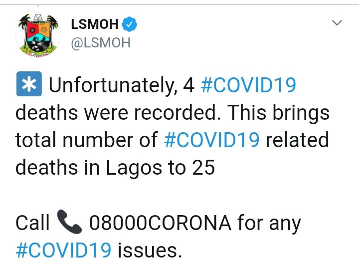 MakanakiThe's tweet photo. Lagos Confirms 4 COVID-19 Deaths
Unfortunately, 4 #COVID19 deaths were recorded. This brings total number of #COVID19 related deaths in Lagos to 25
#COVID19Kano
#lockdownday37
#ganduje https://t.co/jeTBZ2B4cQ