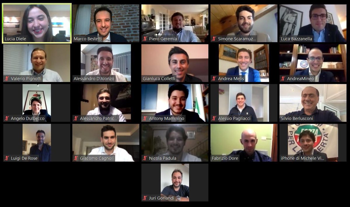 berlusconi's tweet photo. Ho incontrato in video-conferenza i responsabili regionali di @fi_giovani. Sono molto orgoglioso del loro impegno su tutto il territorio nazionale con le iniziative benefiche organizzate in favore degli ospedali e delle persone più in difficoltà https://t.co/2EVniSBV6q