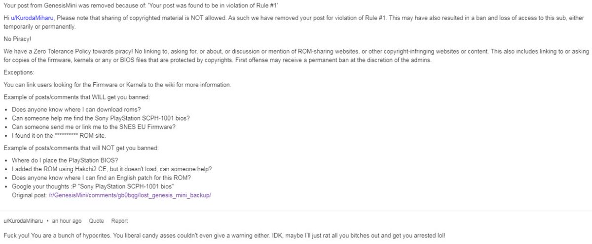 TeamClassicPlus's tweet photo. @YodaSan2 We're aware of your Piracy violation on Reddit as well as your vulgar response to the ban. You're also clearly not educated on the matters of OSS (Open Source Software) https://t.co/B3A2e3YvrE https://t.co/mqQA6HiwNO