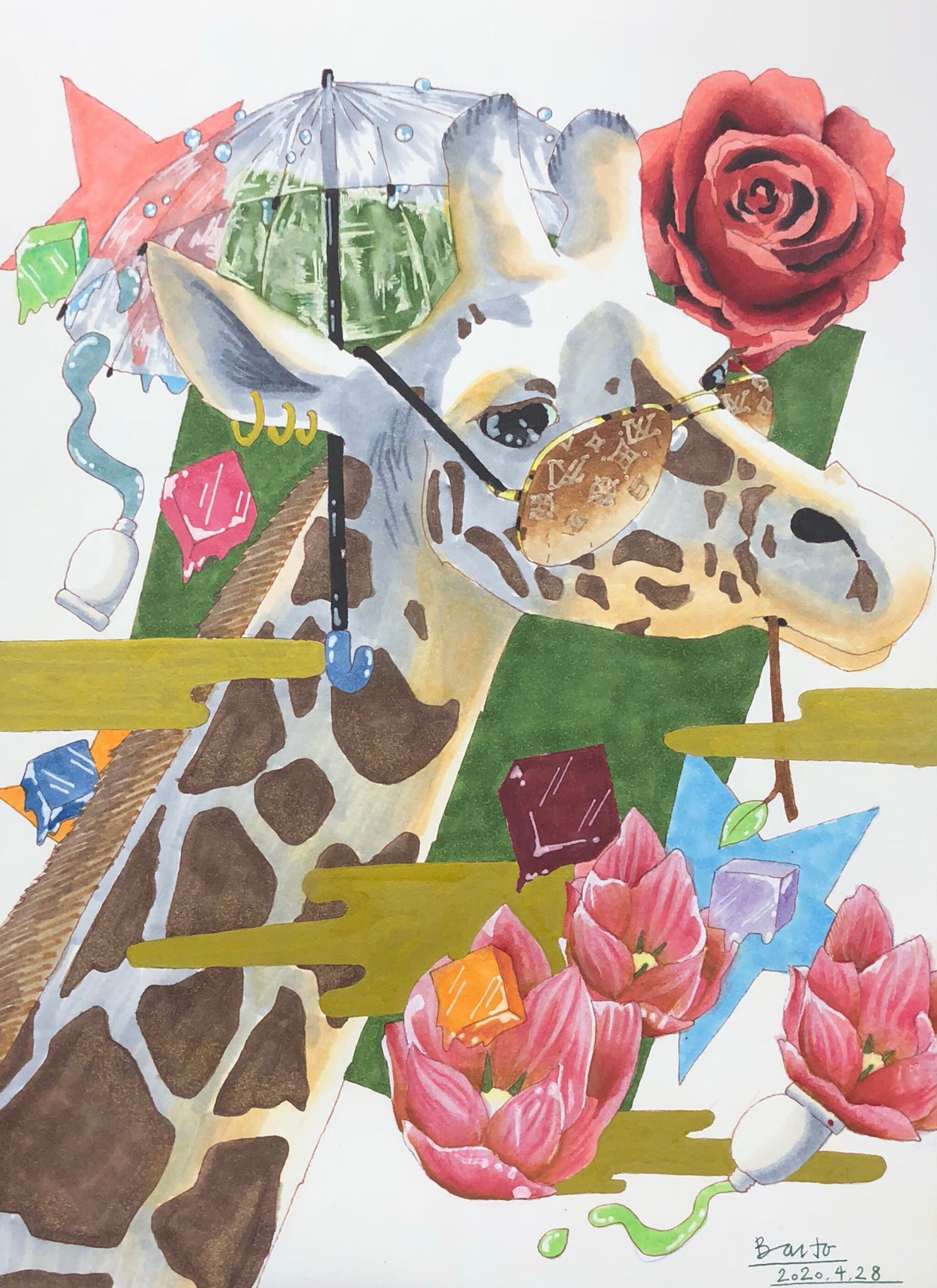 Balto おしゃれキリン コピックで塗ったあと 水彩色鉛筆で加筆しました Copic Award Copicaward コピックアワード 絵 イラスト アナログ 絵描きさんと繋がりたい アナログ絵描きさんと繋がりたい コピック 水彩色鉛筆 キリン 傘 絵の具