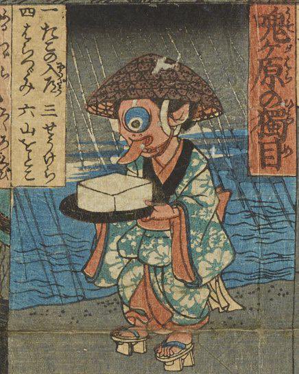 江戸時代の豆腐1丁のサイズは現在の豆腐の5丁分もあった、と知ってググってみると、確かにコイツの持ってる豆腐はデカい! 