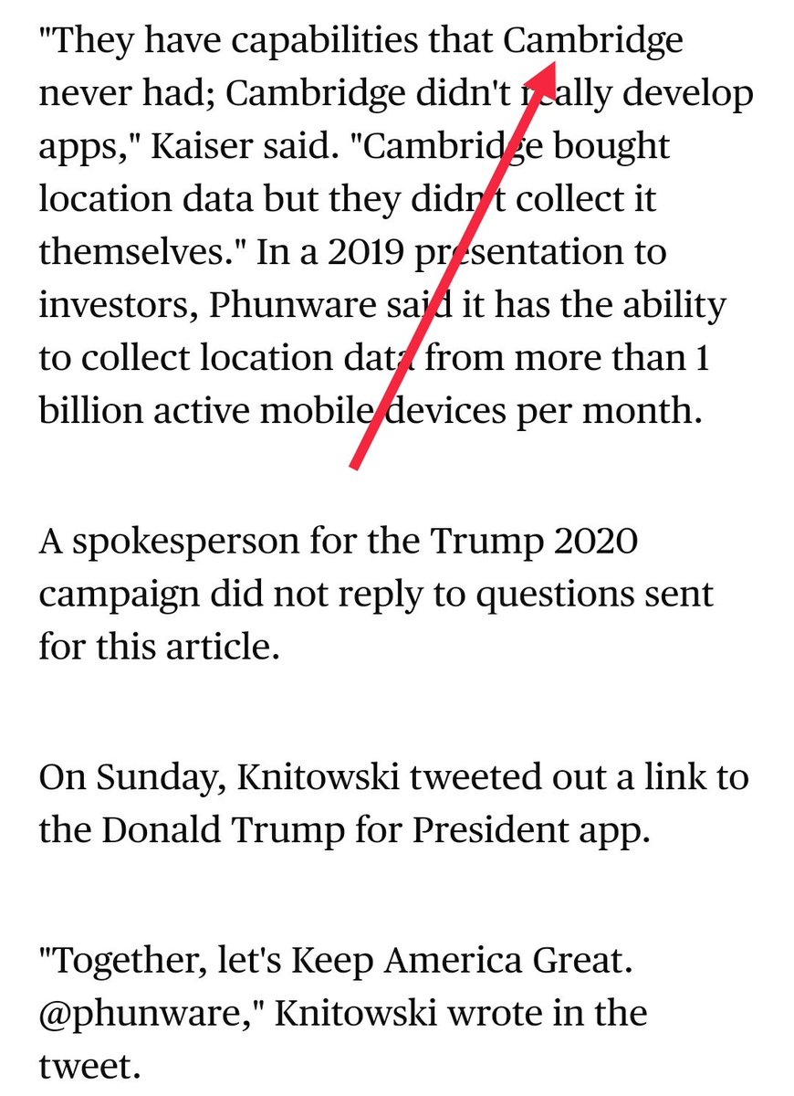 3/  #Phunware claims:"Ability to collect Location Data from more than 1 Billion Active Mobile *Devices* per Month"Said in 2019 when there was about 3.2 billions smartphones in the world.So collecting almost 1/3 per month?There's your  #Trump &  #PrivacyNotIncluded  + 