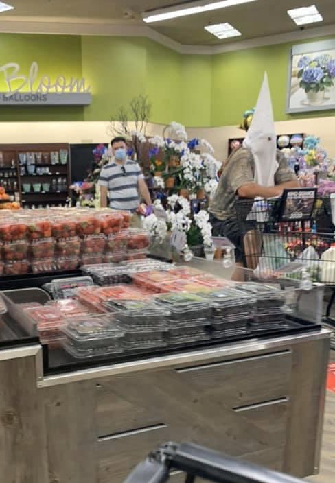 nicopitney's tweet photo. A KKK hood worn openly at a Vons in Santee, CA, near San Diego. 

The area’s been a hub of white supremacist and skinhead activity for many years, earning the nickname Klantee. https://t.co/uB5ai0wETB