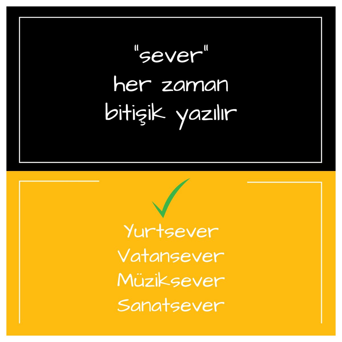 tedeka2020's tweet photo. Bu konu çok karıştırılsa da yanıtı çok basittir. Sever sözcüğü eklendiği tüm sözcüklere bitişik yazılır. #sever #yazımyanlışı #vatansever #yurtsever #futbolsever #müziksever #sanatsever #tdk #tdksözlük https://t.co/alZvLMm0bX