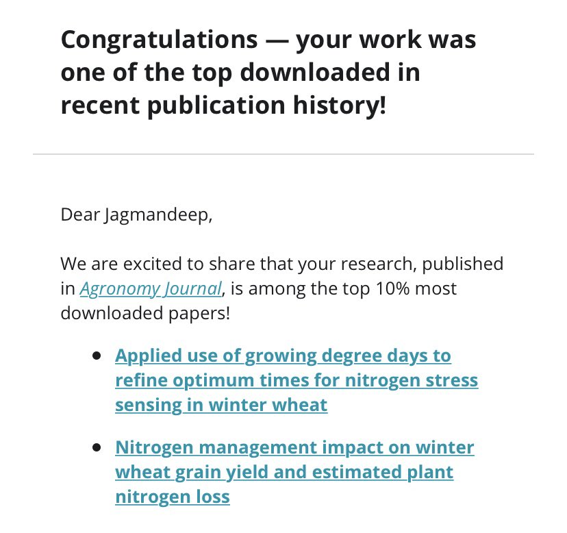jagmandhillon's tweet photo. Good news! My articles were read enough times to be #TopDownloadedArticles in @AgronomyJournal and @AGEjournal. Thanks to all the co-authors. https://t.co/wemuPYNqLU