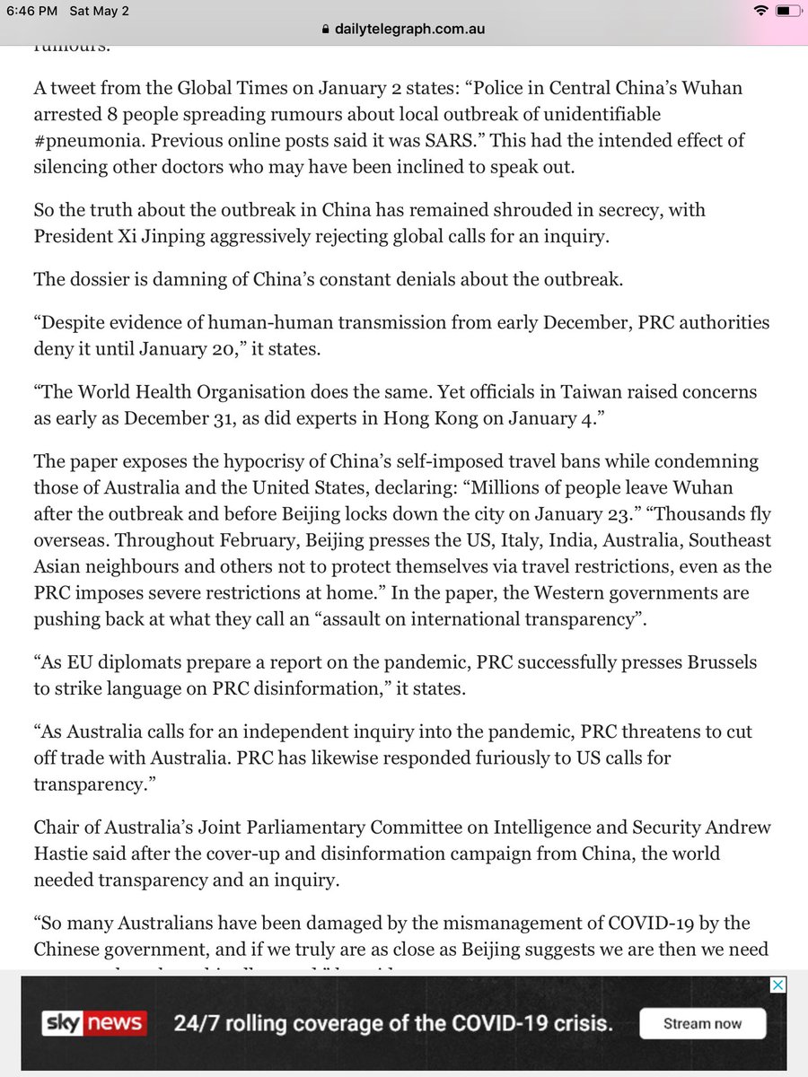 17. Australia media citing new leaked 5 Eyes ‘dossier’ on PRC Coronavirus coverup. China failing to share samples of the virus for vaccines is one allegation.