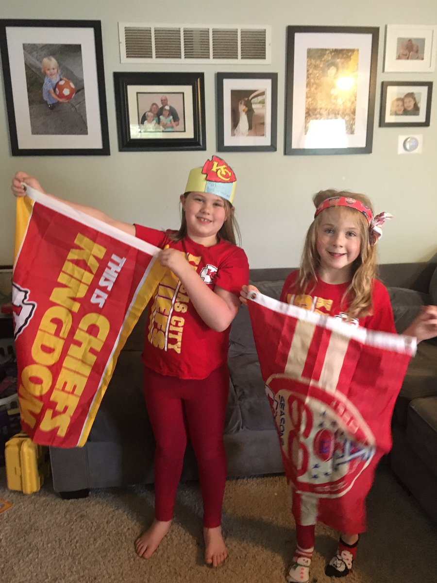mskchall's tweet photo. When you tell the kids we’re watching the @Chiefs Super Bowl replay tonight... 5 minutes later, they come down dressed like this... “we want to be lucky for @PatrickMahomes” 😂 #wealreadyknowwhowins #chiefskingdom #raisingthemred #girlslikefootballtoo https://t.co/s7MwQrnDkv