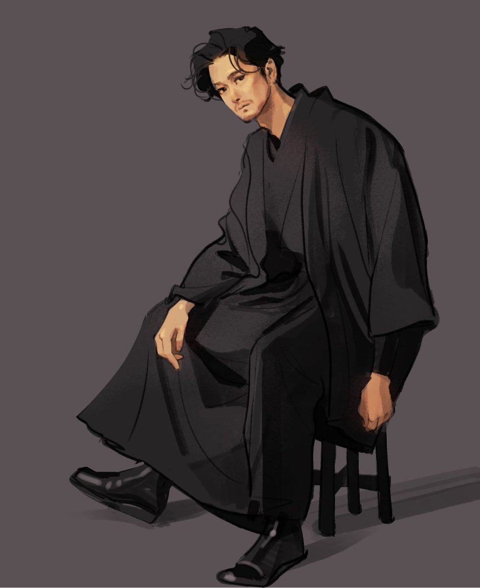 1boy male focus solo sitting black hair robe simple background  illustration images