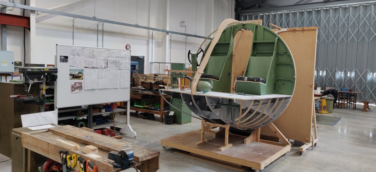HorsaJed's tweet photo. Sadly the museum and workshops are shut but on a positive side, the Horsa cockpit is now out of the display hall and we've been able to continue work on it. Here she is just after we man-handled her into the workshop hangar and set-up our workspace. #horsa #horsaglider #glider https://t.co/EFGTg1qvyu