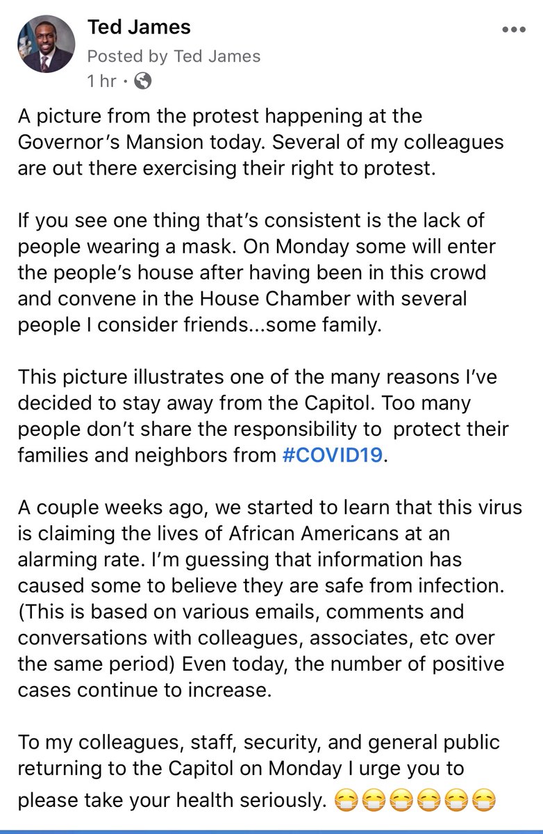 EdwardTedJames's tweet photo. Exhibit 999 why I won’t be entering the Capitol on Monday. Hundreds gathered today outside the Governor’s Mansion (legislators included) to protest and ask for a suspension of the stay-at-home order. Not a single mask in sight, but they will enter the Capitol on Monday. https://t.co/KDJtLl6U0r