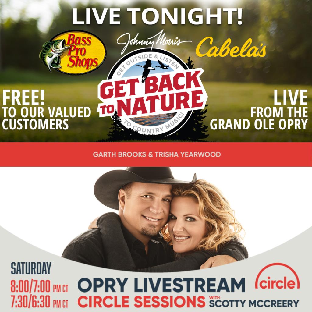 BassProShops's tweet photo. Who else is ready to get outside and listen to country music? 🖐️ Join us for a special live streaming performance of Garth Brooks and Trisha Yearwood from the @opry https://t.co/jwCNZJfO0c https://t.co/G16tSzG8qK