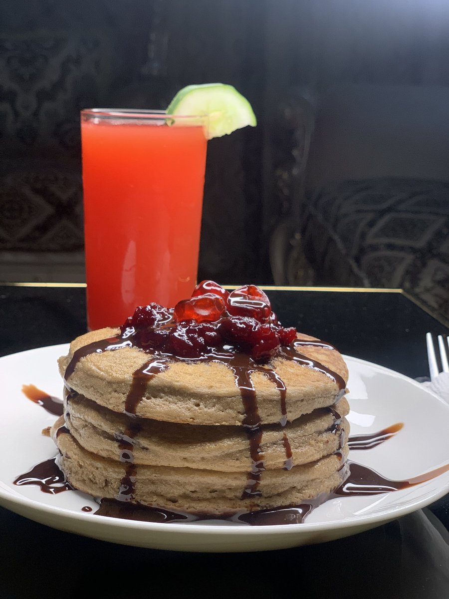 Day 7: chocolate pancakes topped with chocolate syrup, jam & cherries with leftover watermelon drink from day 6Iftar: white rice & beans with Iru stew, spicy sweet potatoes, catfish pepper soupDrink: Pineapple-Cucumber Juice