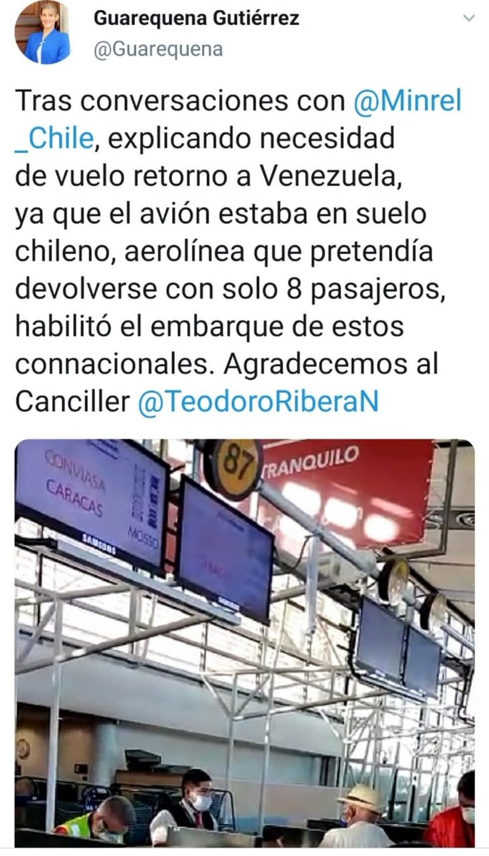 ReporteYa's tweet photo. #2May #Diáspora #Chile La embajadora de Venezuela designada por Juan Guaidó, @Guarequena informó que tuvieron con coversaciones con @Minrel_Chile explicando la necesidad de un vuelo humanitario de repatriación.
#BalanceReporteYa https://t.co/l2rr6Ygnx3