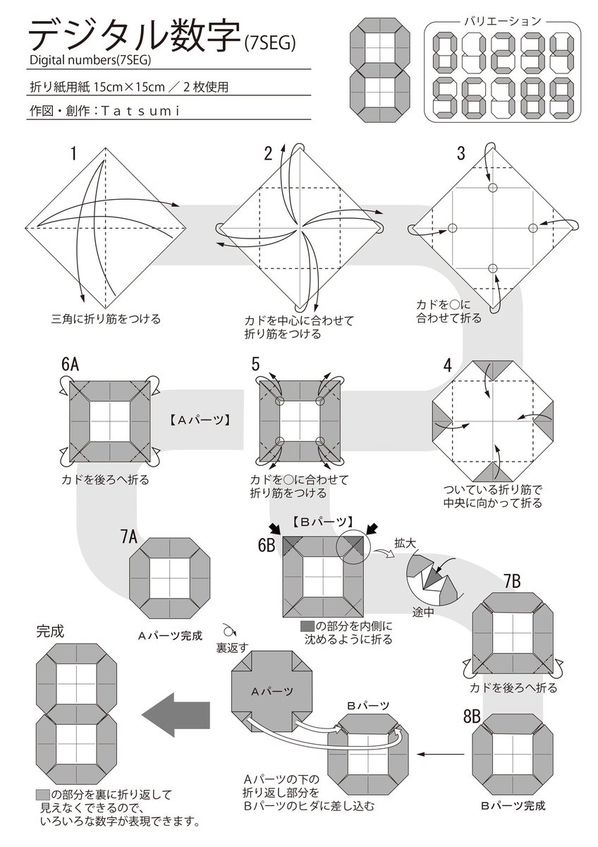 Tatsumi S Mitsuda Pa Twitter 折り紙二枚で作る超簡単な デジタル数字 7seg の折り図をシェアします Gwの暇潰しにどうぞ 折り紙作品 オリガミチャレンジ Gwの過ごし方 7seg数字