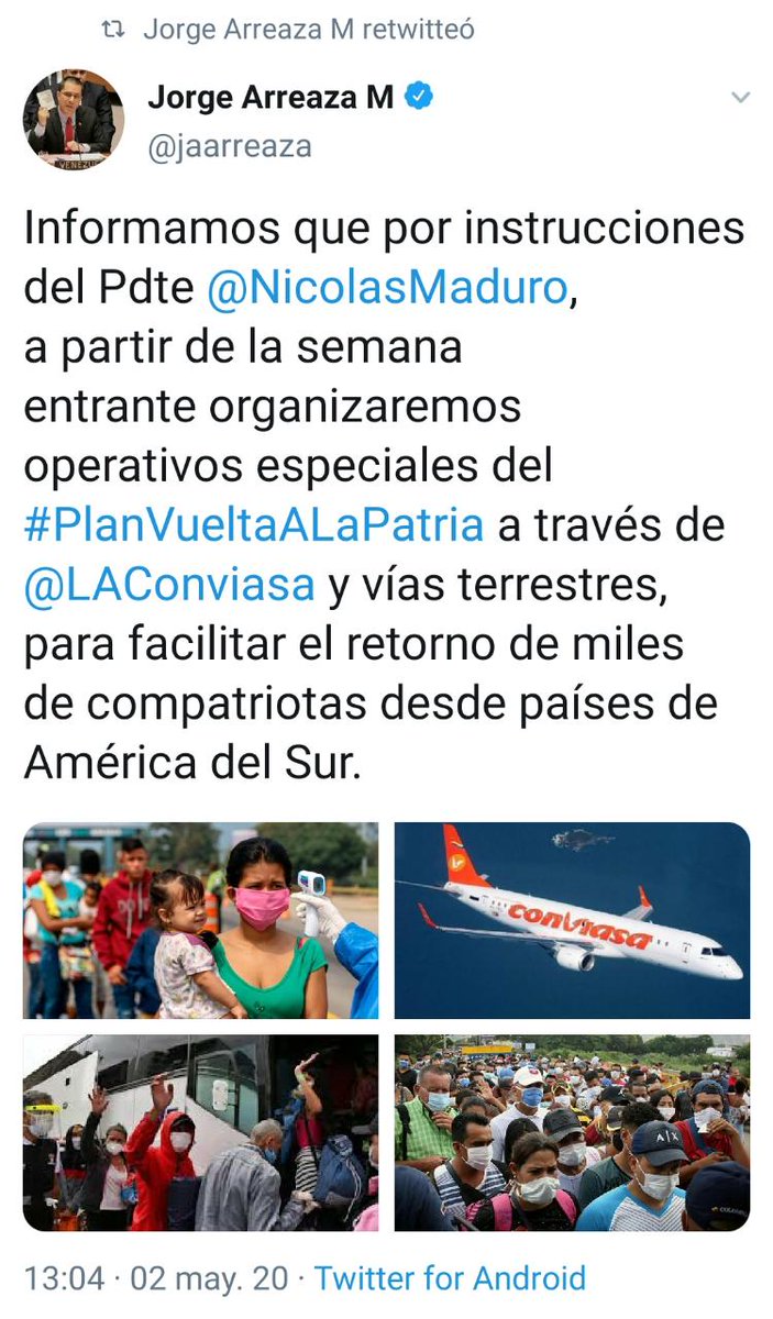 ReporteYa's tweet photo. #2May #Diáspora #Chile Hoy Jorge Arreaza escribió en su cuenta de Twitter que por instrucciones de Nicolás Maduro estarán organizando vuelos en el marco del Plan Vuelta a la Patria a partir de la semana que viene semana que viene.
#BalanceReporteYa https://t.co/SGeCkljIA7