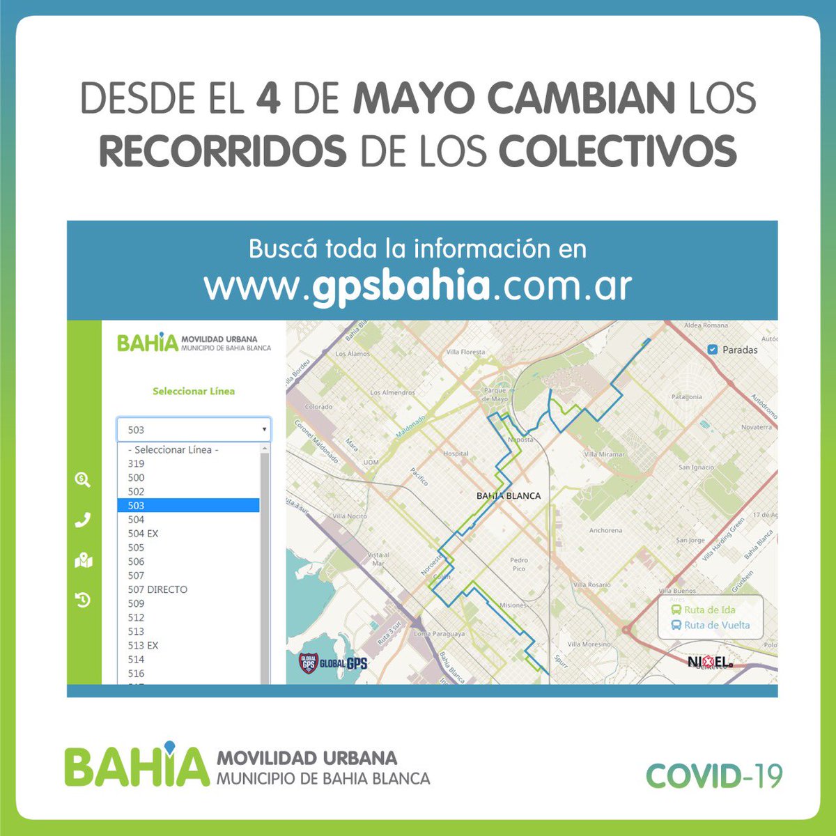 CORONAVIRUS ⚠️ Cambios en los recorridos de los colectivos 🚌

Desde el lunes 4 de mayo los colectivos transitarán con un nuevo esquema de circulación, horarios y frecuencias.

🔎 Buscá toda la información en 👉🏼 gpsbahia.com.ar