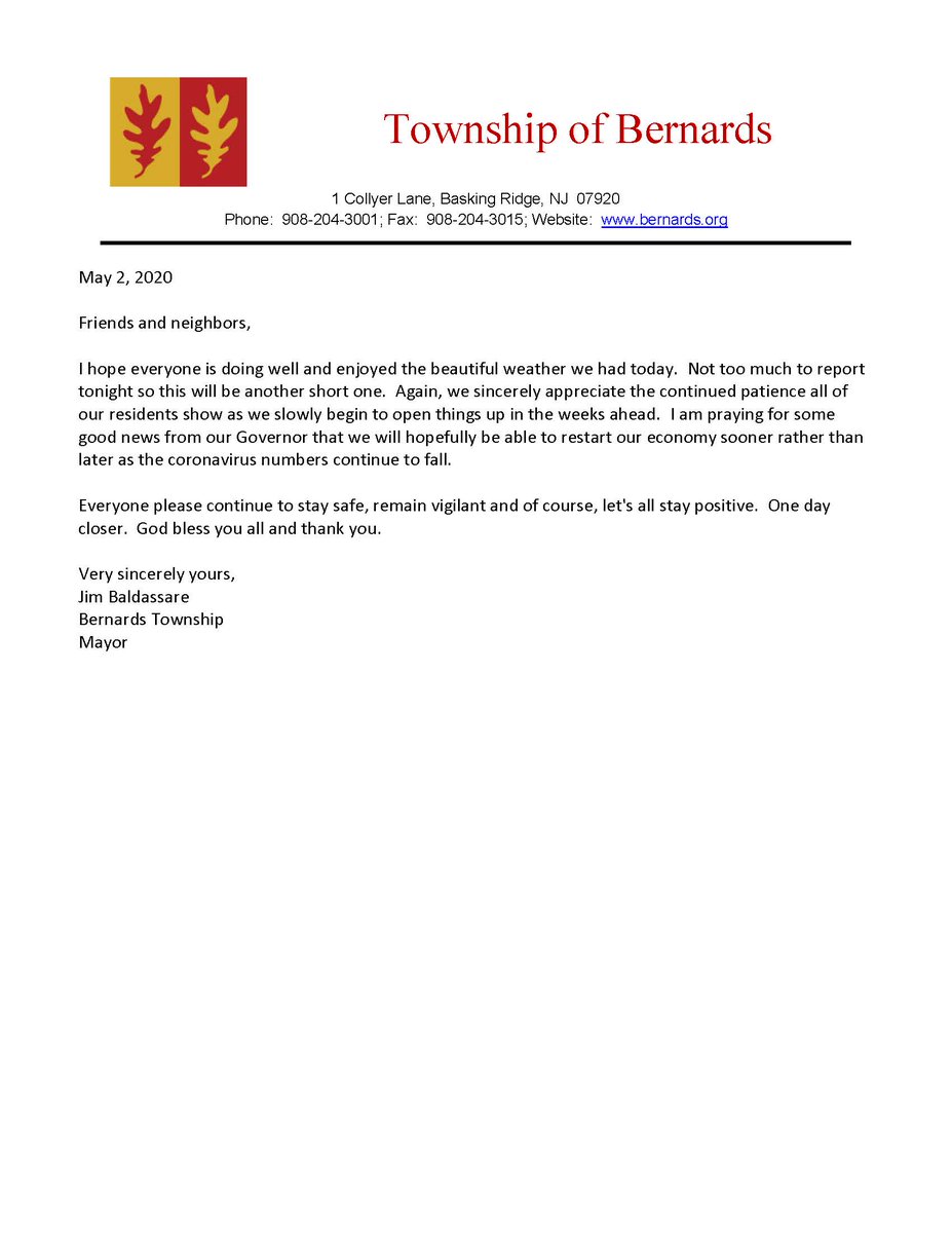 MAYOR JAMES BALDASSARE'S LETTER TO THE RESIDENTS - MAY 2, 2020