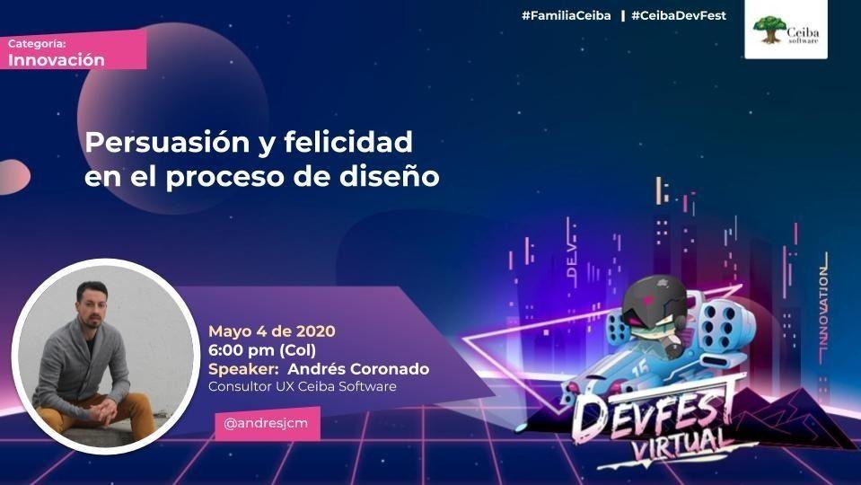 andresjcm's tweet photo. Por primera vez #CeibaDevFest abre sus puertas a todo el público interesado en el conocimiento colectivo. Los espero en mi charla, donde hablaremos de #persuasión, #emociones y #PositiveDesign
Inscríbete en: https://t.co/HknhdExjcl
@CeibaSoftware #innovación #UX #DesignThinking https://t.co/8jKQ3EMewN