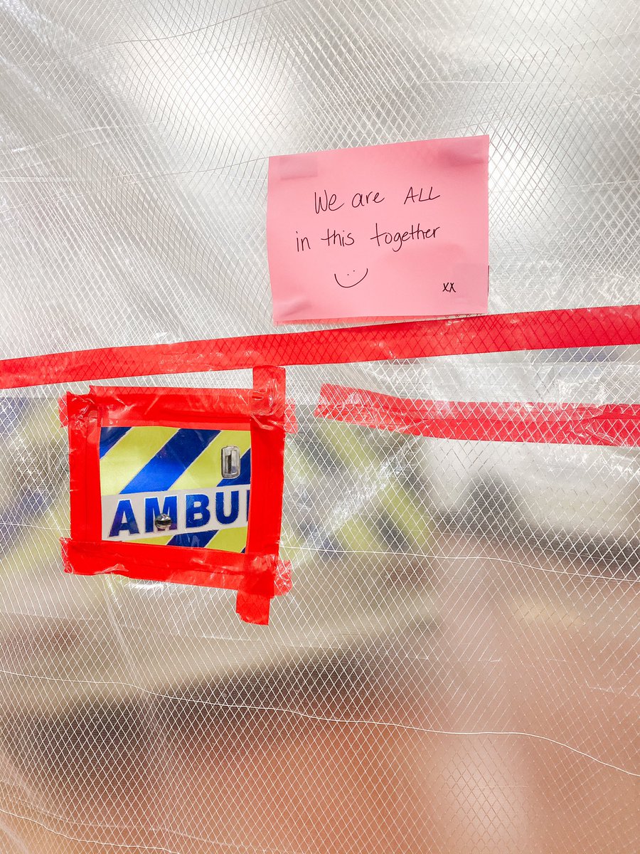 tinamydynski's tweet photo. The fire station looks a little different these days.  Taking all the right measures to be safe. We made some windows so we could say 👋 and  remind them that we are ALL in this together💕 #frontlineworkers #emsstrong #firefighters #pandemic #covid19 #wegotthis 🚑🚒#Fsfd https://t.co/kQ8SzBGfSy