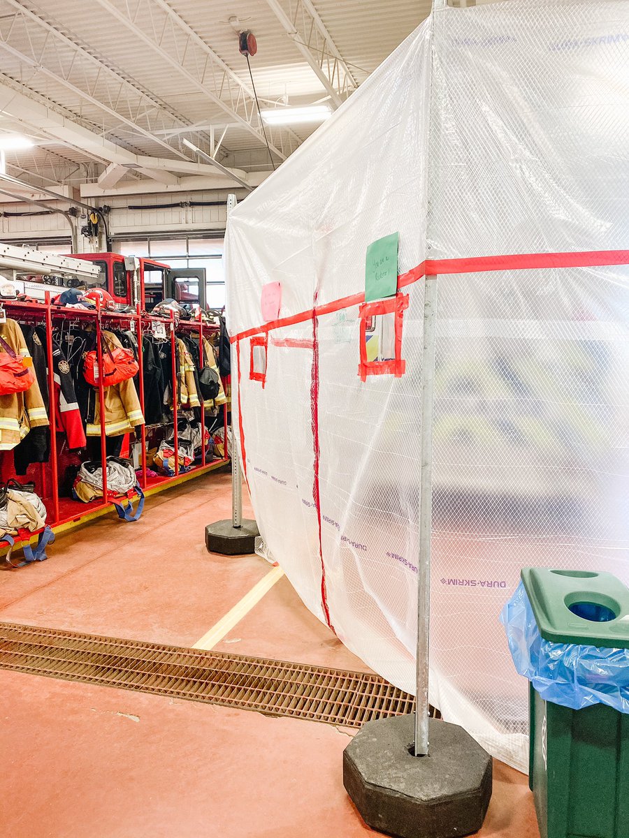 tinamydynski's tweet photo. The fire station looks a little different these days.  Taking all the right measures to be safe. We made some windows so we could say 👋 and  remind them that we are ALL in this together💕 #frontlineworkers #emsstrong #firefighters #pandemic #covid19 #wegotthis 🚑🚒#Fsfd https://t.co/kQ8SzBGfSy