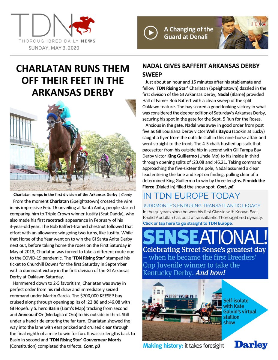 theTDN's tweet photo. Bob Baffert swept the GI Arkansas Derby editions as advertised with a pair of impressive colts in Charlatan and Nadal --> https://t.co/0JeNqv5ncr https://t.co/7wvDZbOrHx