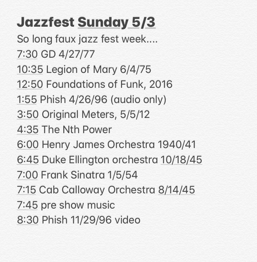 _dennis_system's tweet photo. Sunday 5/3 playlist: wake up with the dead 4/27/77 & Legion of Mary 6/4/75. Then enjoy the last day of jazz fest week (mid day phish bonus, jazz fest 96, audio only). Tomorrow’s phish video is 11/29/96 https://t.co/K4Liw0FgRp #phish #fall96 #phishvideoproject https://t.co/nKYwdP17ay