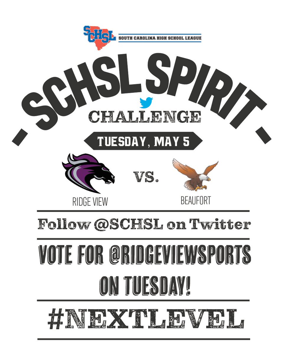 The #SCHSLSpiritChallenge returns on Tuesday.  

Mark your calendars, follow <a href="/SCHSL/">SCHSL</a> and vote for <a href="/RidgeViewSports/">Ridge View Sports</a>!!

#NextLevel