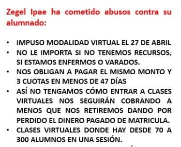 cen_zipae's tweet photo. En plena pandemia mal manejada por el gobierno y la decadente situacion del sistema de salud hace esta se prolongue lo cual constituye para aprovecharse con la educacion empresas privadas como IPAE, estudiantes les dan malos servivios , afor de mas de 300, cobros de más https://t.co/OFXq3whCF8