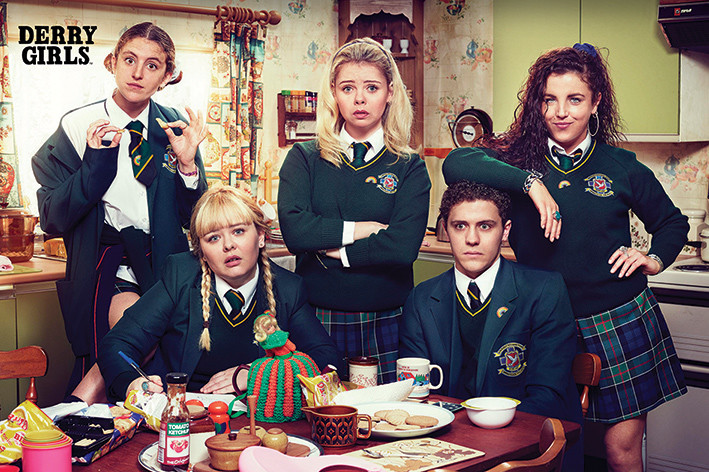 Derry Girls (2018)Average age gap: 11.6Erin (16) - Saoirse-Monica Jackson (25)Orla (16) - Louisa Harland (25)Clare (16) - Nicola Coughlan (31)Michelle (16) - Jamie-Lee O'Donnell (31)James (16) - Dylan Llewellyn (26)new record 